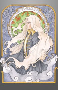 Mucha-style art nouveau fanart of Alucard from Castlevania.