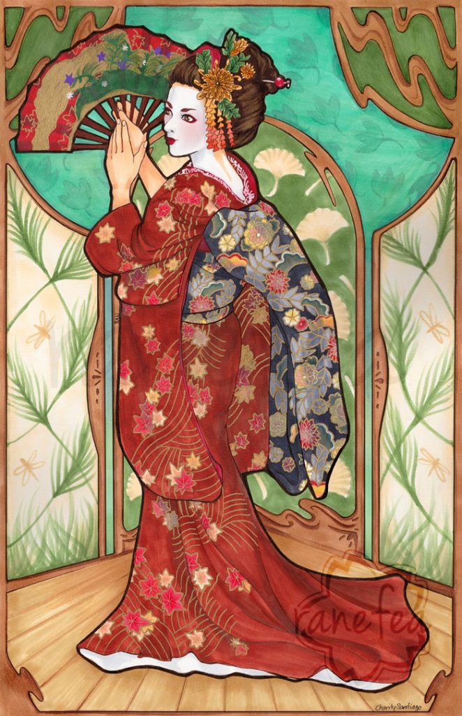 Illustration in an art nouveau style of a maiko (geisha/geiko in training) in autumn colors wearing a red kimono with Japanese maple leaves and a black ornate obi, chrysanthemum kanzashi, and holding a fan (sensu)
