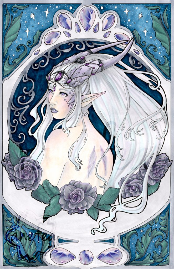 Art nouveau style illustration of a dragon-like/dragon-kin elf in with scars on her back where wings once were. her long horns are swept back and adorned with purple jems with black chains.