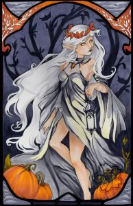 Art nouveau style artwork of an elf at autumn/Halloween