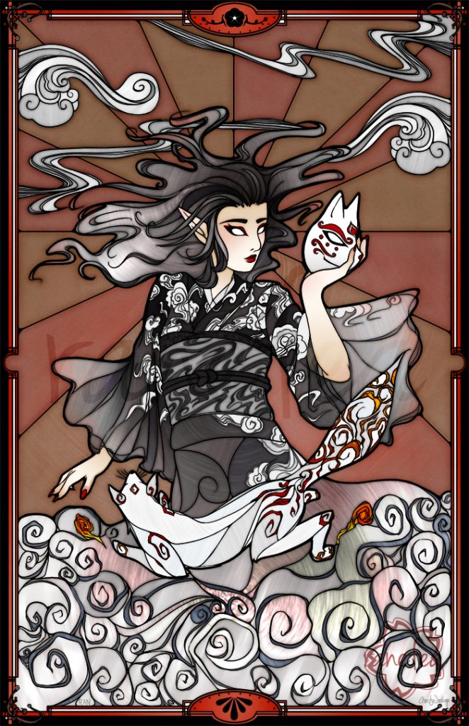 Stained glass style artwork of an elf in the style of a Japanese kitsune