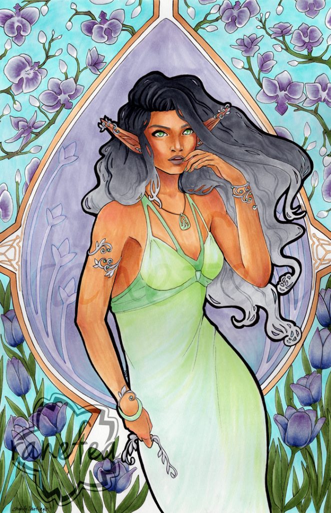 Art nouveau style illustration of an Elven queen in a jade colored dress with a jade pendant over a background of purple orchids and tulips.