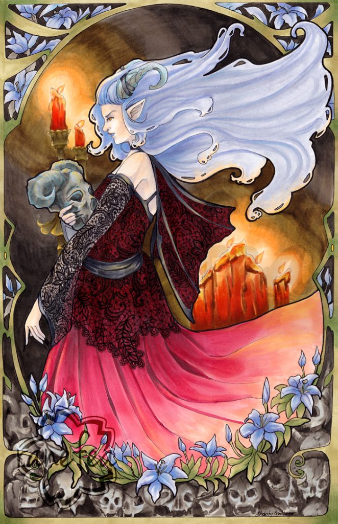 Art nouveau style illustration of a dragon-like/dragon-kin elf in a lace dress holding a skull with horns over a candlelit background.