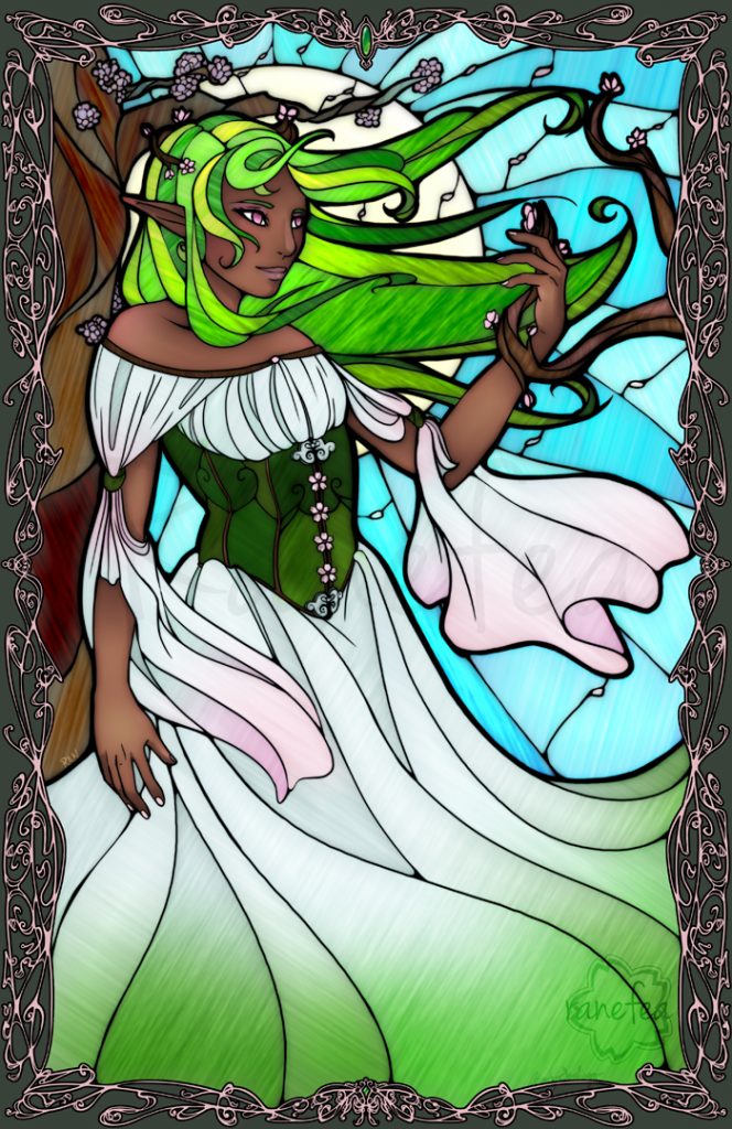Stained glass style artwork of a Spring Elf