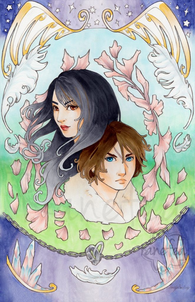 Art nouveau style fanart of Squall and Rinoa from Final Fantasy VIII.
