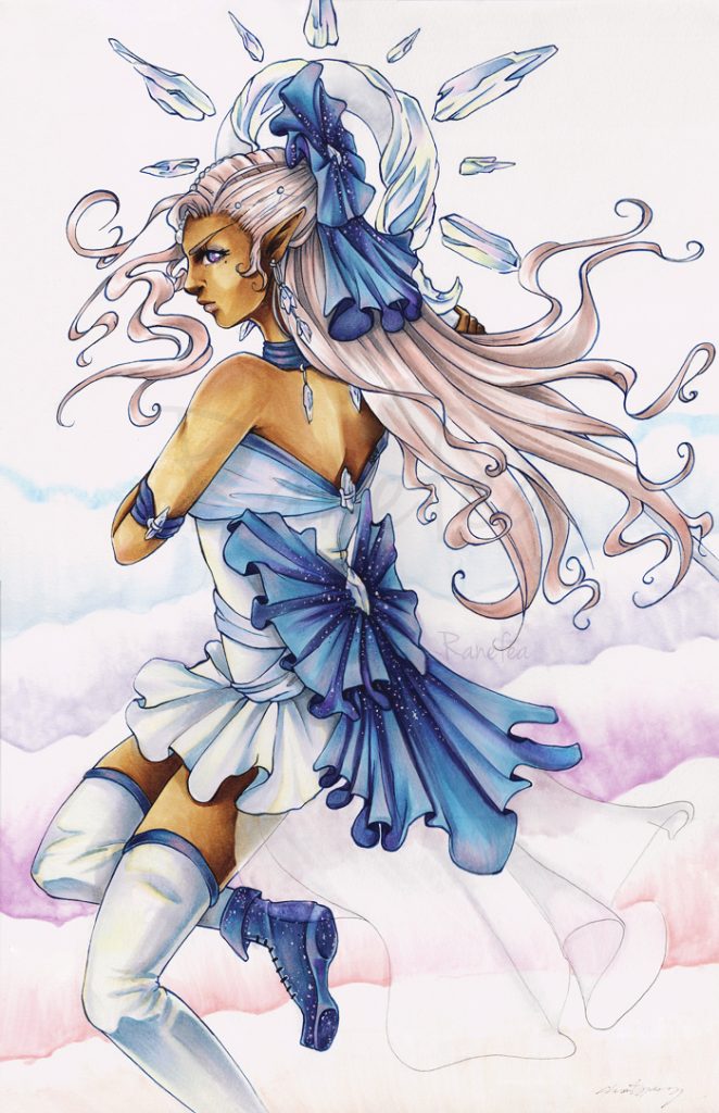 Fantasy illustration of a summoner Elf with dark skin and prismatic colored outfit and crystals