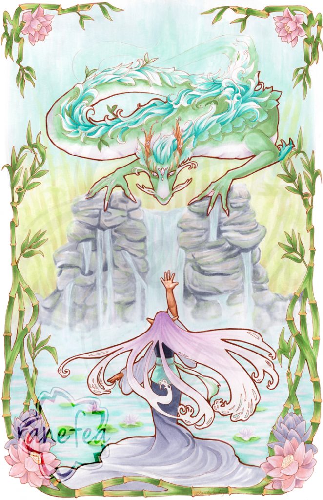 Copic ink, art nouveau illustration of an elf with long pink hair standing in a pond arm out reached upward. In the distance are tall piles of large stones with water flowing down. Atop these stones is a large Asian dragon, green and white with aqua hair and light brown horns with flowers. Its two front hands touch either side of the stones. The border of the illustration is bamboo and lotus flowers, tangling.