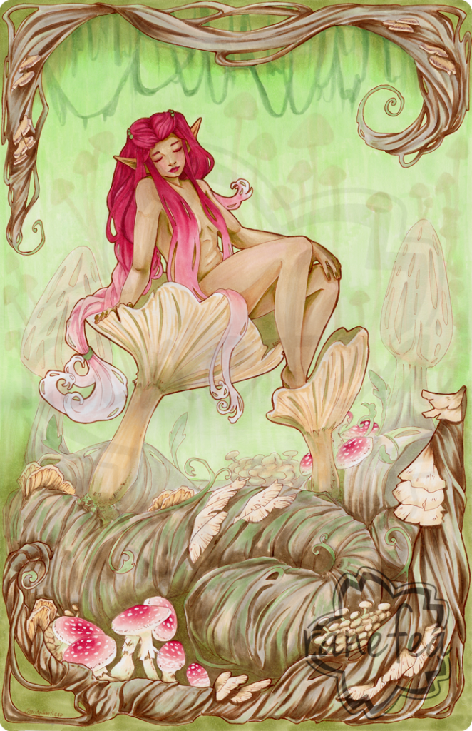Art nouveau style illustration of an Elf in a giant mushroom forest. She sits in a chanterelle mushroom with her feet resting in another. her hair is in a long thick braid and gradates from red to white. The mushroom grows from large roots. Various other mushrooms grow in and around the roots.