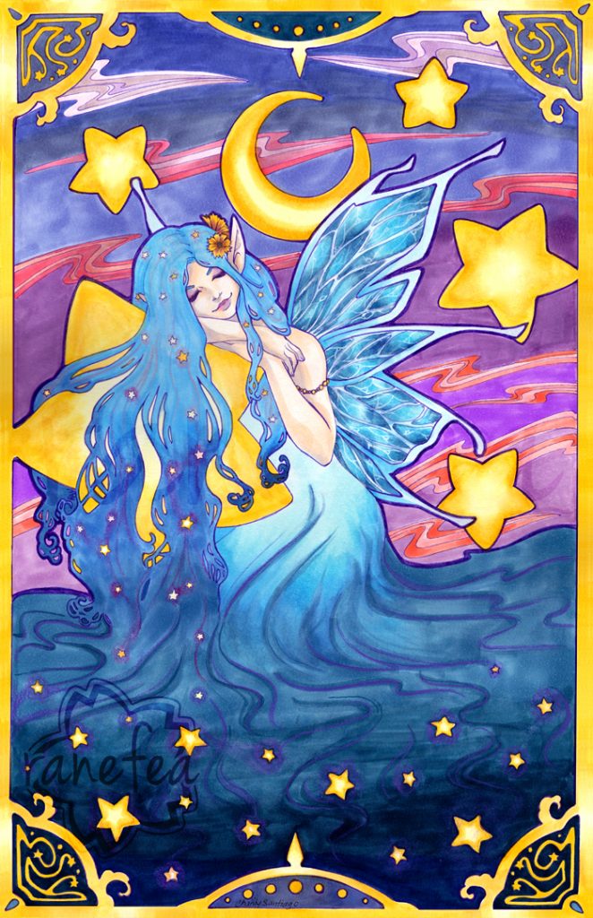 Art nouveau style illustration of a goddess-like Elf with larimar-like butterfly wings resting on a large yellow star with a yellow moon and stars behind her on a sky that faces from purple to pink and orange. Her hair and dress become a night sky sea of stars.