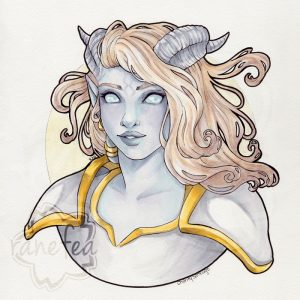 Copic ink, art nouveau bust illustration of a Draenei Paladin from World of Warcraft. She has pale, bluish skin with purple accents and ashy blonde hair.