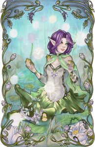 Copic marker, art nouveau illustration of an elf witch in a magical lotus pond. She stands thigh deep in the water, her green skirt and lighter green cape sitting atop the water, the water overlapping in some areas. She has short purple hair and green eyes. She holds a frog in each hand, and a another frog wearing a crown hands from her shoulder. Her witch hat floats on the water in front of her, several frogs holding onto it or lounging on the brim. The water holds many lily pads, and giant lotus flowers grow on tall stalks behind them all. The air are brightly glowing faeries, appearing only as orbs of light. The border is an intricate tangle of vines and stalks with leaves and lotus buds, with some wisteria hanging from above.