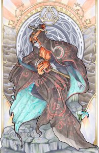 Copic ink, art nouveau illustration of Midna from The Legend of Zelda: Twilight Princess. She sits on crumbling stone steps, facing downward, eyes closed. One hand held up in front of her, the other down next to her flowing skirt and cloak that cascades down the stone.