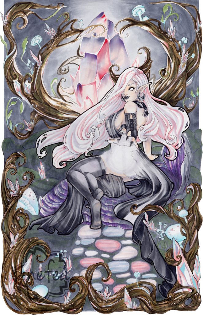 Copic ink, art nouveau illustration of an elf witch sitting on a crystal, shell-like platform, reaching out with an orb of light in her hand. Behind her is a large, glowing, pink and purple crystal surrounded by twisting branches which have glowing blue mushrooms and smaller crystals growing from it, with more crystal forming in the cracks of the branches. The foreground is similar with twisting crystalizing branches.