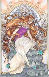 Copic ink, art nouveau illustration of Zelda from The Legend of Zelda: Twilight Princess. She sits on crumbling stone steps, facing downward, eyes closed. She holds her sword limply next to her flowing dress that cascades down the stone.