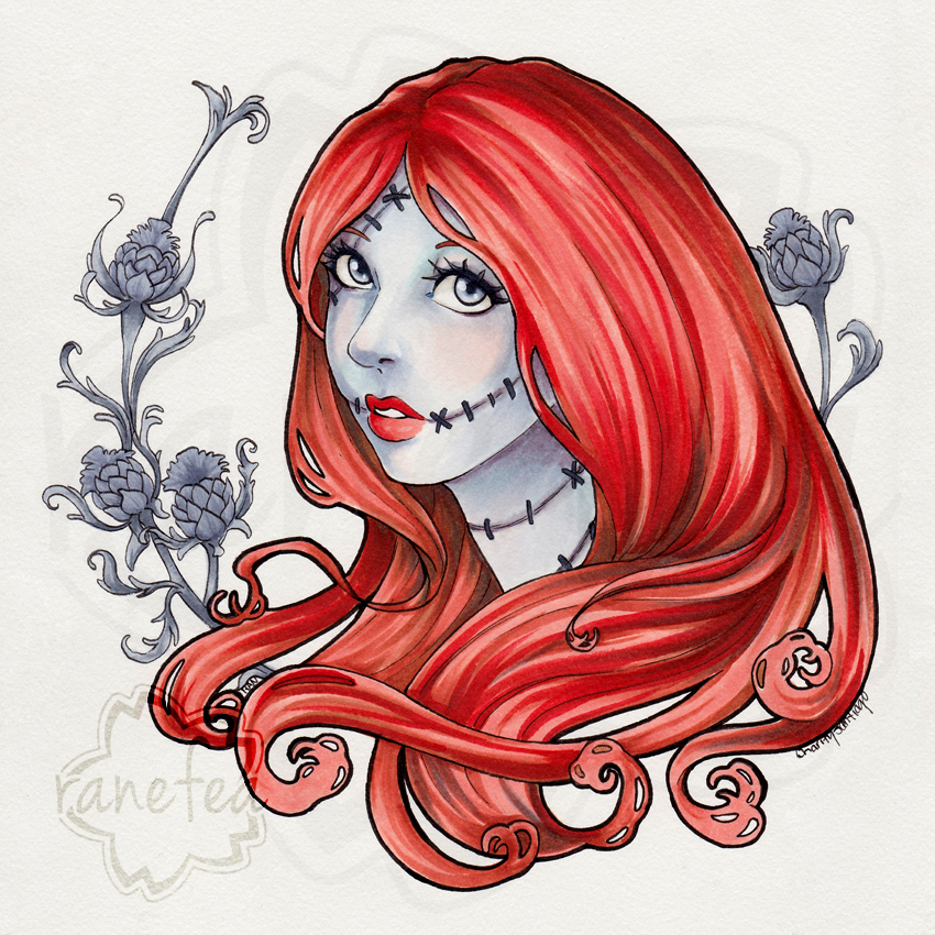 Art nouveau style, copic marker portrait of Sally from The Nightmare Before Christmas