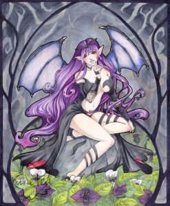 Art nouveau, copic marker commission of Demon-form Lillian from the web comic Zos Kias by Sanzaki Kojika. She sits on a rock in the middle of bat orchid flowers, one leg folder under her. She faces the viewer with one hand casually raised near her chin. Her purple hair flows behind her and her bluish-purple, bat-like wings stretched out behind her.