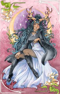 Art nouveau, copic marker illustration of a fantasy girl with antlers. She has long wavy/curly blue and black hair that is tied half up with strands hanging over the antlers. She has medium skin and wears a long lavender dress covered by a black crop top with long, hanging sleeves, nylons, and black knee-high laced boots.