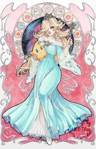 Copic marker, art nouveau style illustration of Rosalina from The Super Mario Galaxy and other Mario games. She holds her wand in her left hand and a luma in her right arm.