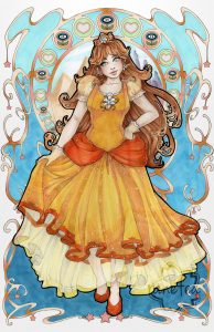 Copic marker, art nouveau style illustration of Princess Daisy from The Super Mario series. She faces the foward lifting the right side of her dress from the ground and her lefy arm is bent, resting her hand on her hip. Behind her is an art nouveau style background of blue and rose gold framework. There is a circle behind her with imagery of Sarasaland and a pattern of circles around that with Superball Flowers and 1UP Hearts.