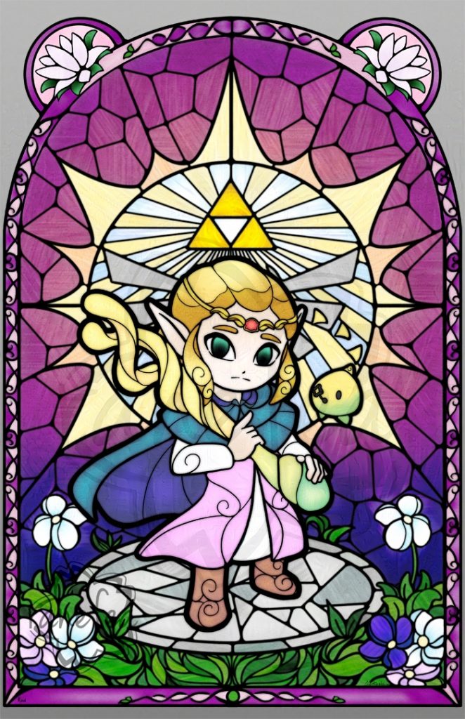 Stained glass style artwork of The Legend of Zelda Echoes of Wisdom. Zelda stands holding the Tri Rod in one hand, her cloak flowing behind her. Behind her is a sun shape, inside the triforce and Hylian crest. Beneath her are grasses and flowers.