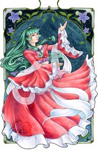 Art nouveau style illustration in Copic markers of Maomao from The Apothecary Diaries wearing the flowing red and white dress from episode 24. Behind her is a night sky with stars and the illustration is bordered in weaving green vines and Chinese bellflowers.