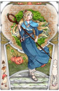 Copic marker, art nouveau style illustration of Marcille from Dungeon Meshi/Delicious in Dungeon. She walks down old steps holding her staff with both hands looking ahead. behind her is a stone wall with a large hole looking into a green area as well as depictions of multiple dungeon monsters and items like walking mushrooms, dryad fruit, a shapeshifter, and giant frogs.