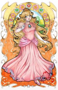 Copic marker, art nouveau style illustration of Princess Peach from The Super Mario series. She faces the right side of the image with her left arm down and right arm up at the elbow. Behind her is an art nouveau style background of yellow, and orange hues with gold framework. There is a circle behind her with imagery of the Mushroom Kingdom and a pattern of circles around that with 1UP mushrooms and Super Stars.