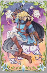 Art nouveau style, copic marker illustration of Link from The Legend of Zelda Tears of the Kingdom. Wearing his blue tunic outfit, he is in a jumping pose, reaching for his sword on his back. The background is a sky of orange, pink, and purple with clouds.